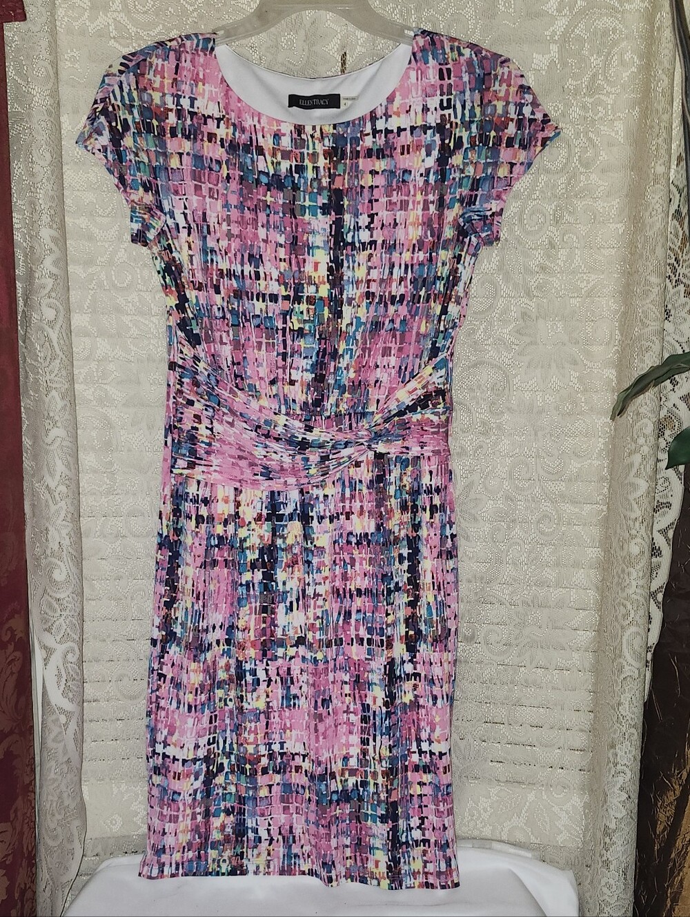 Ellen Tracy Pink Multi-Color Knot Waist Midi Dress